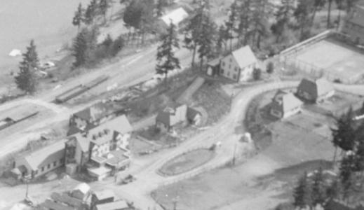 E. Cleven photo: view Bridge River Townsite from penstock portal, 1946 (South Shalalth)