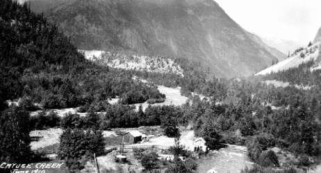 BC Archives # A-03548: View of construction camp on Cayoosh Creek nr. Seton Beach (probably PGE)