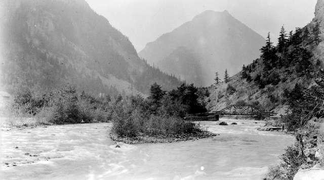 BC Archives # H-00109: View of Cayoosh Creek from Br. at Lillooet, 1914
