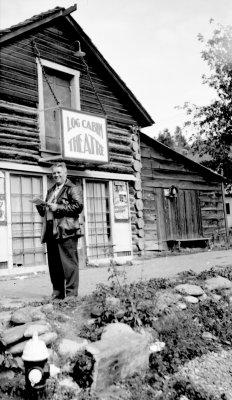 Log Cabin Theatre, Main St, Lillooet, E. Cleven in foreground
