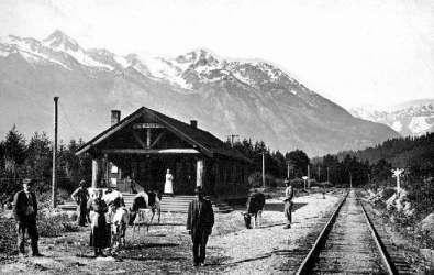 BC Archives # C-01170 Old PGE Station at D'Arcy, Mt. D'arcy in Background