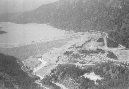 Aerial view of Lajoie Dam under Construction