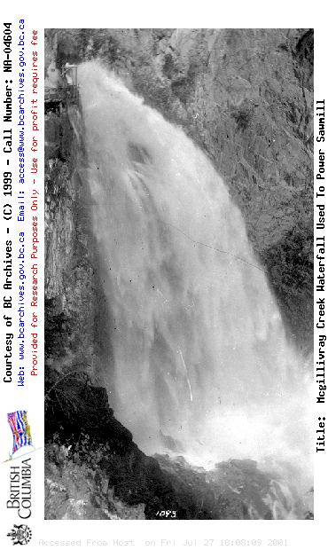 BC Archives # NA-04604, McGillivary Creek waterfall used to power sawmill