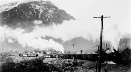 BC Archives # E-06897 PGE Train at Lillooet, Flank of Mt. Brew in Background