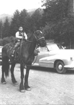 Native girl on horse "Ruby" in Seton Portage, '50s (Theresa Oleman)